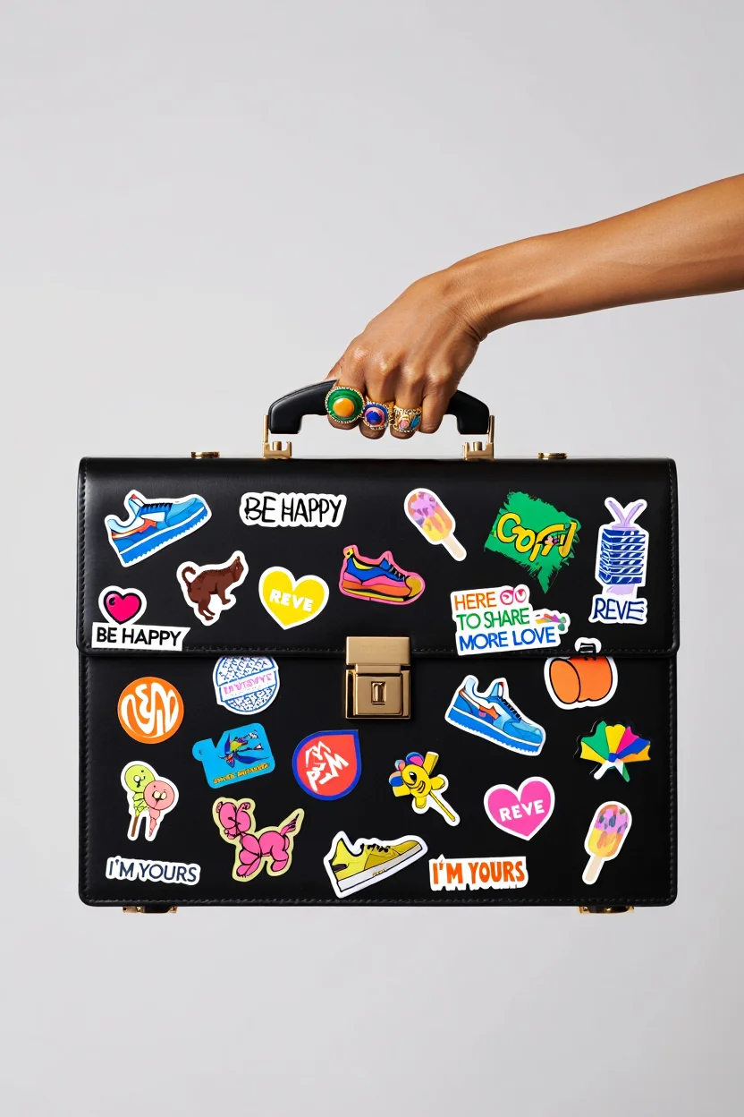 A stylish black briefcase covered in colorful stickers is held by a light tan-skinned hand adorned with five chunky, colorful rings. The briefcase features gold-toned hardware and is decorated with numerous playful stickers including hearts, shoes, balloon animals, and ice cream designs in vibrant colors like blue, pink, yellow, green, and orange. Text stickers include phrases such as "BE HAPPY", "HERE TO SHARE MORE LOVE", "I'M YOURS", and the repeated brand name "REVE". The image is photographed against a clean, light gray background using even, diffuse studio lighting that highlights the vibrant colors against the neutral backdrop. The commercial product photography style creates a polished, fashion-forward presentation of this personalized accessory, with the hand entering from the right side of the frame to grip the briefcase's handle.