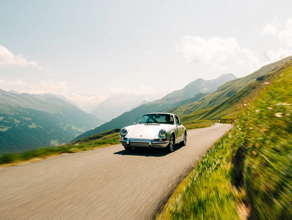 A classic silver Porsche 911 carves through a sun-drenched mountain pass in the Swiss Alps. Its iconic silhouette and headlights gleam, captured at speed on the winding asphalt road that clings to the mountainside. Lush green meadows dotted with wildflowers border the road's edge, giving way to snow-capped peaks in the distance. Vintage 35mm film photography style with slightly faded colors and subtle film grain.