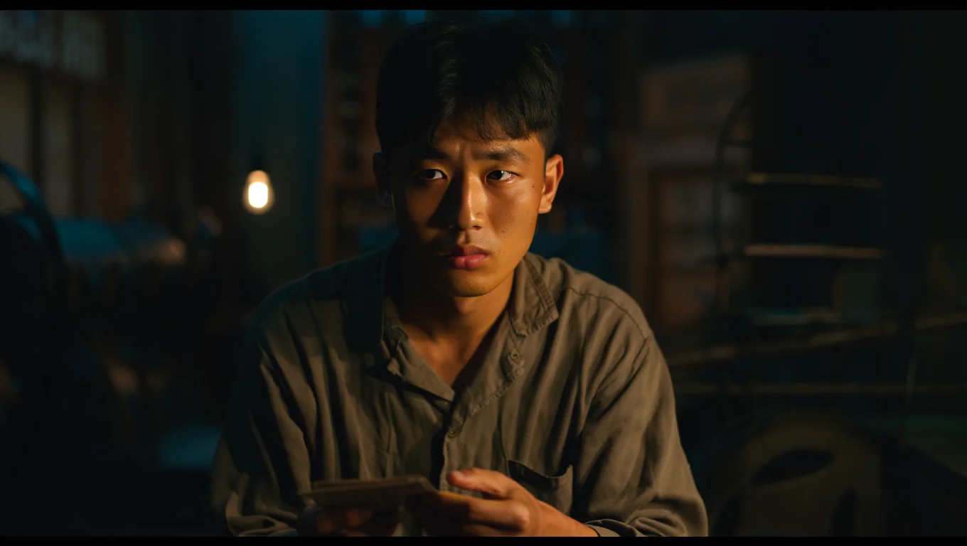 A cinematic portrait of a young Korean resistance fighter in the 1940s, illuminated by a single tungsten bulb in a dimly lit workshop. He wears a simple worker's uniform, his face partially obscured by shadow, except for his intense eyes that lock with the camera. The shallow depth of field emphasizes his weathered hands clutching a leaflet, the background a blur of printing press machinery.
