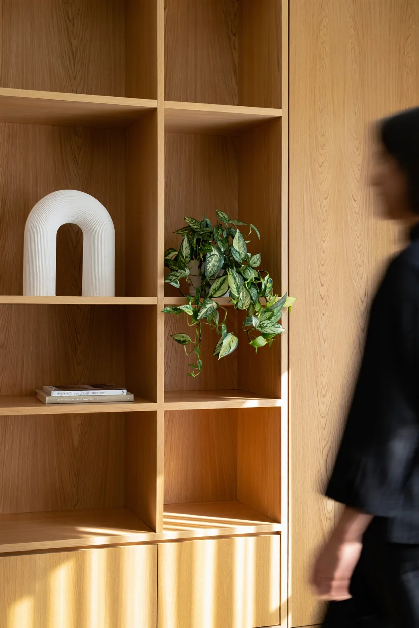 A minimalist wooden shelving unit with a 4×4 grid design dominates the interior space, crafted from light-colored wood with a natural finish that highlights the grain patterns. The shelving contains three distinct decorative elements: a white arch-shaped sculpture with concentric ribbed texture in an upper compartment, a trailing houseplant with variegated green and white heart-shaped leaves cascading from one of the right-side compartments, and two hardcover books stacked horizontally in a lower shelf. Dramatic diagonal sunlight streams through unseen windows, casting striking shadow patterns across the lower portion of the unit and creating a warm, golden atmosphere. The clean lines of the furniture are complemented by the organic form of the plant, while the interplay of light and shadow adds depth and visual interest to the composition. A person is partially visible at the right edge of the frame, wearing dark clothing and facing away from the camera, providing scale to the furniture piece without drawing focus from the design elements. Interior photography with natural lighting and sharp focus on architectural elements against soft shadows.