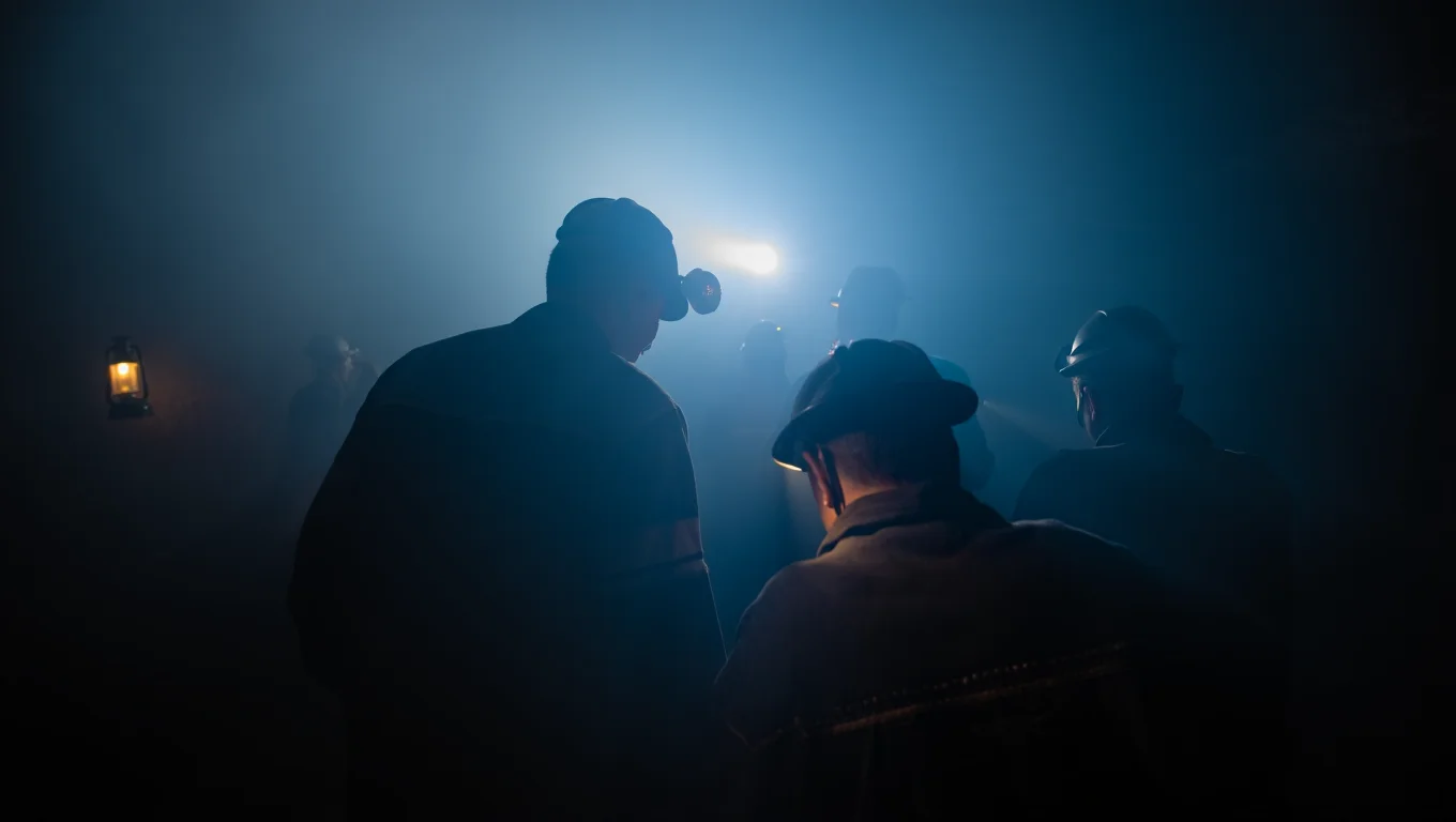 A captivating, almost spiritual, shot of several coal miners at the mouth of a mineshaft. The miners are mostly silhouetted against the soft, ethereal light emanating from within the earth, their features obscured by shadow and coal dust. A few lanterns and headlamps pierce the deep blues and blacks of the mine, highlighting the worn textures of their clothing and equipment. The overall mood is one of mystery and awe, capturing the perilous descent into the earth's depths.