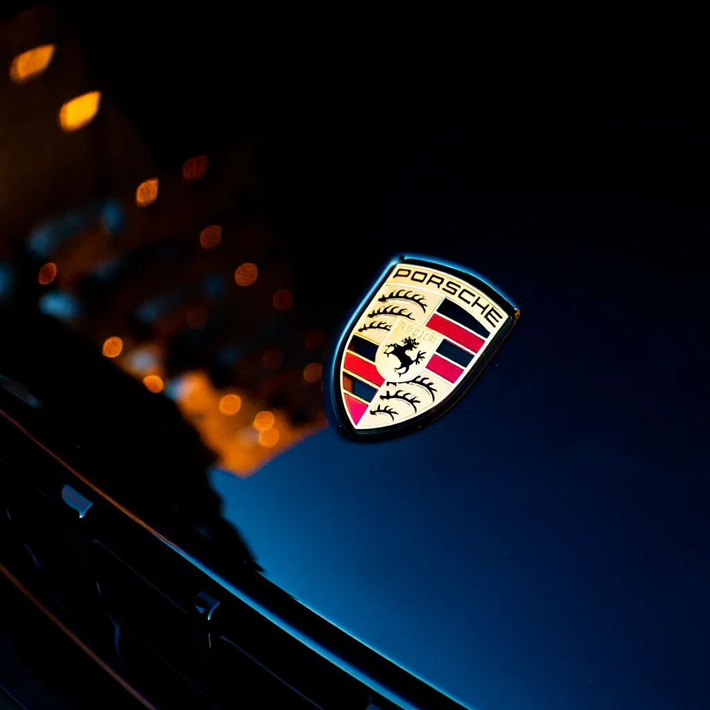 A gleaming Porsche emblem reflecting a bustling cityscape at night