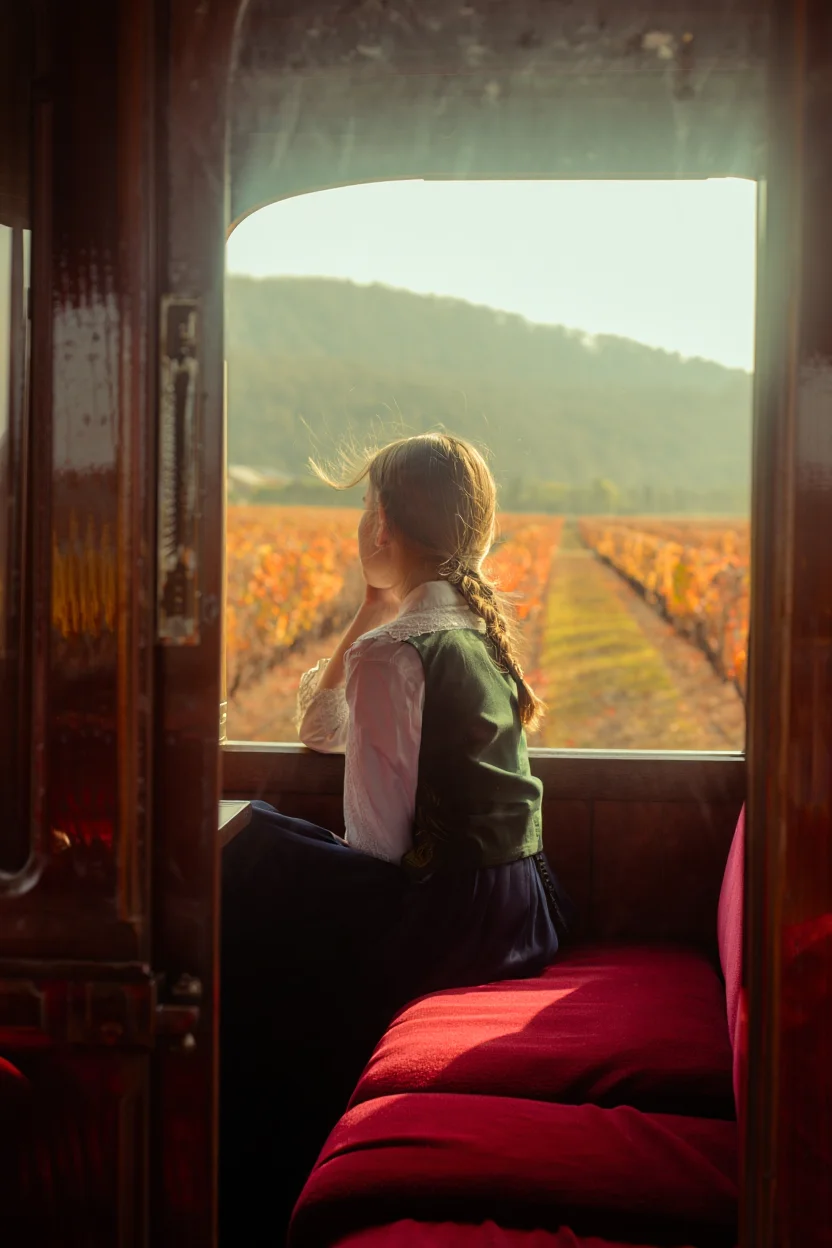 A young woman, her hair tied in a loose braid, sits pensively in a crimson velvet booth aboard a vintage train. She gazes out the window, her back to the camera, her figure framed by the setting sun. Rolling hills and vineyards painted in hues of orange and gold whiz by, their colors reflected in the polished mahogany walls of the train car. Dust motes dance in the warm sunlight streaming through the arched windows, casting long shadows across the aisle. The image evokes a sense of longing and nostalgia, achieved through soft lighting and a vintage film aesthetic with a slightly desaturated color palette.