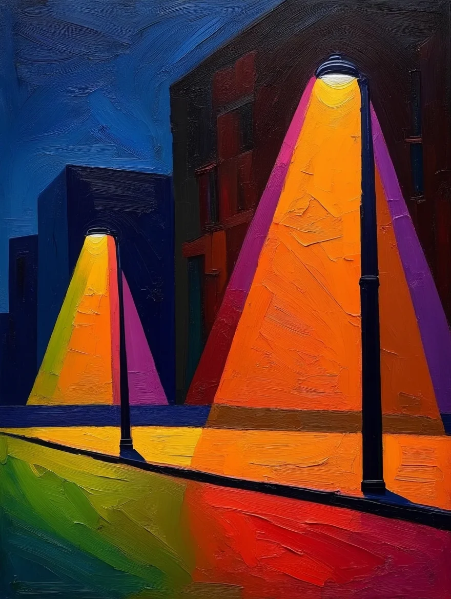 An abstract geometric painting depicting a nighttime urban scene with two stylized street lamps casting vibrant multicolored light. The composition features simplified architectural forms rendered as dark geometric shapes against a deep blue night sky. The two street lamps have black poles with conical beams of light projecting downward in a spectrum of colors including orange, red, purple, yellow, and green. The right lamp is larger and more prominent than the left one. The ground is painted in warm orange and brown tones with areas where the colored light creates patches of green and red. The painting technique shows visible brushstrokes and textured surfaces typical of acrylic or oil paint on canvas. The color palette combines deep blues in the sky with rich oranges, purples, greens, and reds in the light beams, creating dramatic contrasts between the dark architectural elements and the vibrant illumination. Abstract geometric painting with visible brushstrokes and textured canvas surface in vibrant colors against dark tones.