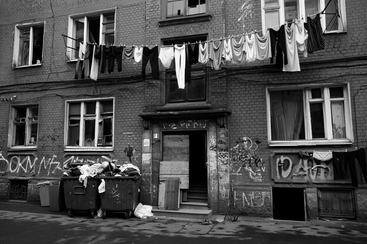 A documentary photograph captures daily life in an impoverished urban neighborhood. A dilapidated brick apartment building with broken windows and peeling paint dominates the scene. Multiple clotheslines stretch between windows, holding worn clothing. A metal trash bin overflows onto the cracked concrete sidewalk below. The entrance shows exposed wooden boards where the door should be. Graffiti covers the lower portion of the building walls.  Black and white documentary photography with high contrast lighting and grainy film texture.