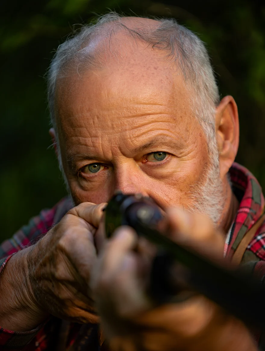 An extreme close-up portrait, shallow depth of field, of an elderly hunter with weathered features, intensely focused on prey, piercing green eyes, wearing a faded red plaid shirt, illuminated by warm, dappled sunlight against a backdrop of dense, dark green forest.