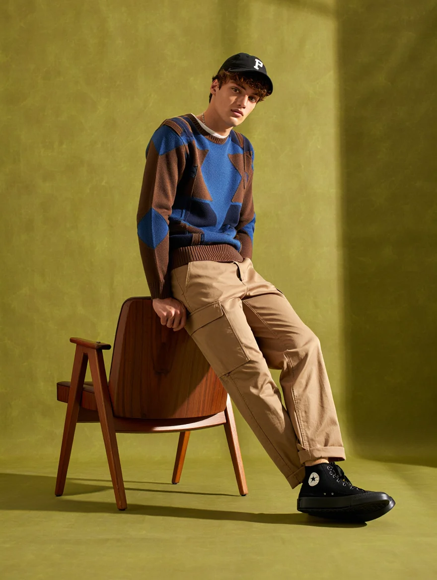 A fashion advertisement set in a naturally lit studio, featuring a young male model leaning against a mid-century modern wooden chair.  He wears a geometric patterned sweater combining brown and blue tones, paired with khaki cargo pants and black high-top sneakers. A black baseball cap with a white 'P' logo sits backward on his head. The backdrop is a textured olive green wall, softly illuminated by the late afternoon sun. The model's relaxed pose and the warm lighting create a casual and approachable, yet stylish image.