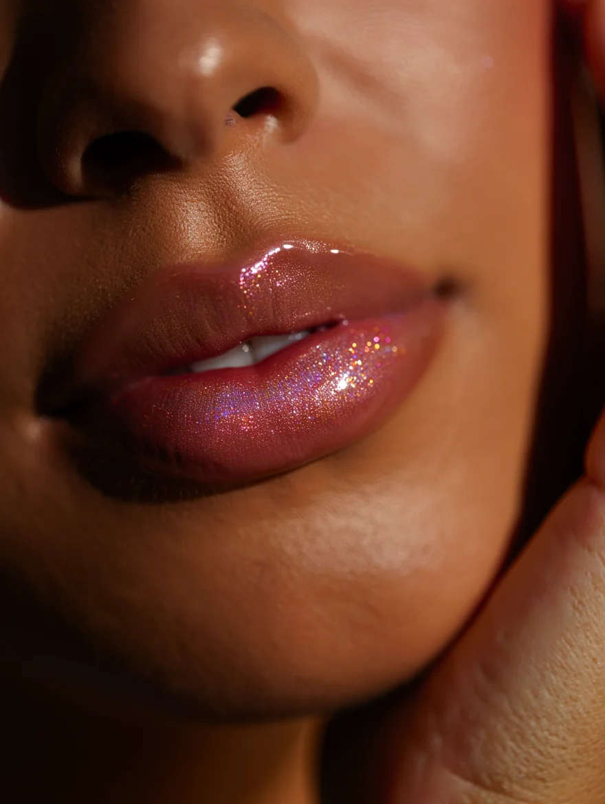 A tantalizing extreme close-up of the lower face, showcasing full, gleaming lips wet with shimmering, iridescent lip gloss, illuminated by a dramatic light source from above. The gloss reflects the light in tiny, starburst highlights, contrasting with the smooth, poreless, and almost translucent quality of the surrounding skin. The edge of the frame reveals a hint of textured fabric, possibly from a luxurious spa robe, alluding to a pampering beauty treatment.