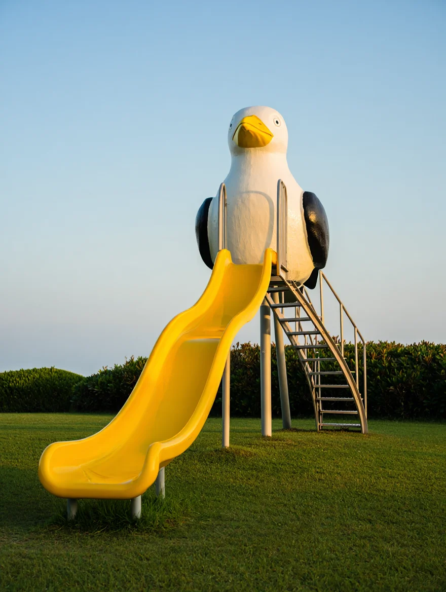 A serene outdoor playground scene features a whimsical slide sculpture shaped like a giant seagull, combining play equipment with art installation. The seagull sculpture, predominantly white with cream undertones, features a bright yellow beak and black wingtips. A bright yellow curved slide seamlessly incorporates into the seagull's body, equipped with metal safety railings. Metal stairs provide access to the top of the slide structure. The sculpture stands in a manicured grass field, surrounded by trimmed shrubs, set against a light blue sky during golden hour. The scene captures the blend of natural elements with playful architectural design, characteristic of mid-century aesthetic in recreational equipment. Three-quarter angle photography with warm golden hour lighting creates strong directional shadows and highlights the sculptural forms.
