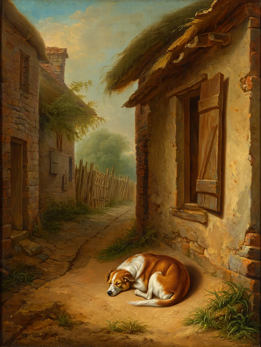 An 18th century oil painting depicts a sleeping brown and white dog curled up on a narrow dirt path winding through a rural village. The dog rests with its head on its paws, surrounded by cobblestone buildings with thatched roofs and wooden shutters. Small patches of grass peek through the edges of the path, while a wooden fence runs parallel to the path in the background. Diffused daylight illuminates the scene, casting soft shadows across the weathered buildings and sleeping canine. Classical oil painting technique with warm earth tones and detailed brushwork on canvas.