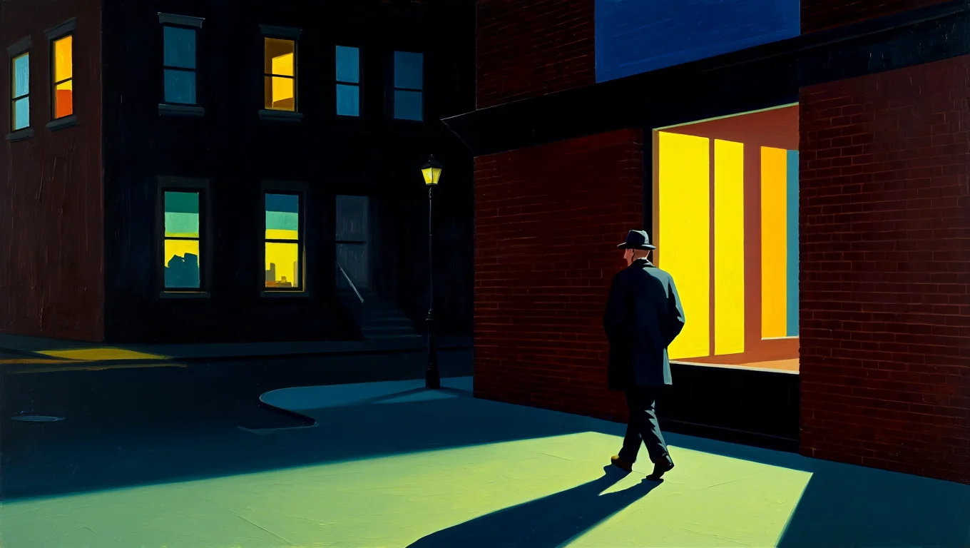 A nighttime urban street scene painted in Edward Hopper's signature style shows a solitary male figure walking away from the viewer. The man wears a dark coat and hat, casting a long shadow on the empty sidewalk. Tall brick buildings with lit windows line both sides of the street, while a single streetlamp casts a pool of yellow light. The dark blue-black sky contrasts with the warm glow of windows and street lighting, creating stark light and shadow patterns on the building facades and pavement. Oil painting technique with dramatic nighttime lighting and sharp contrasts between light and shadow.