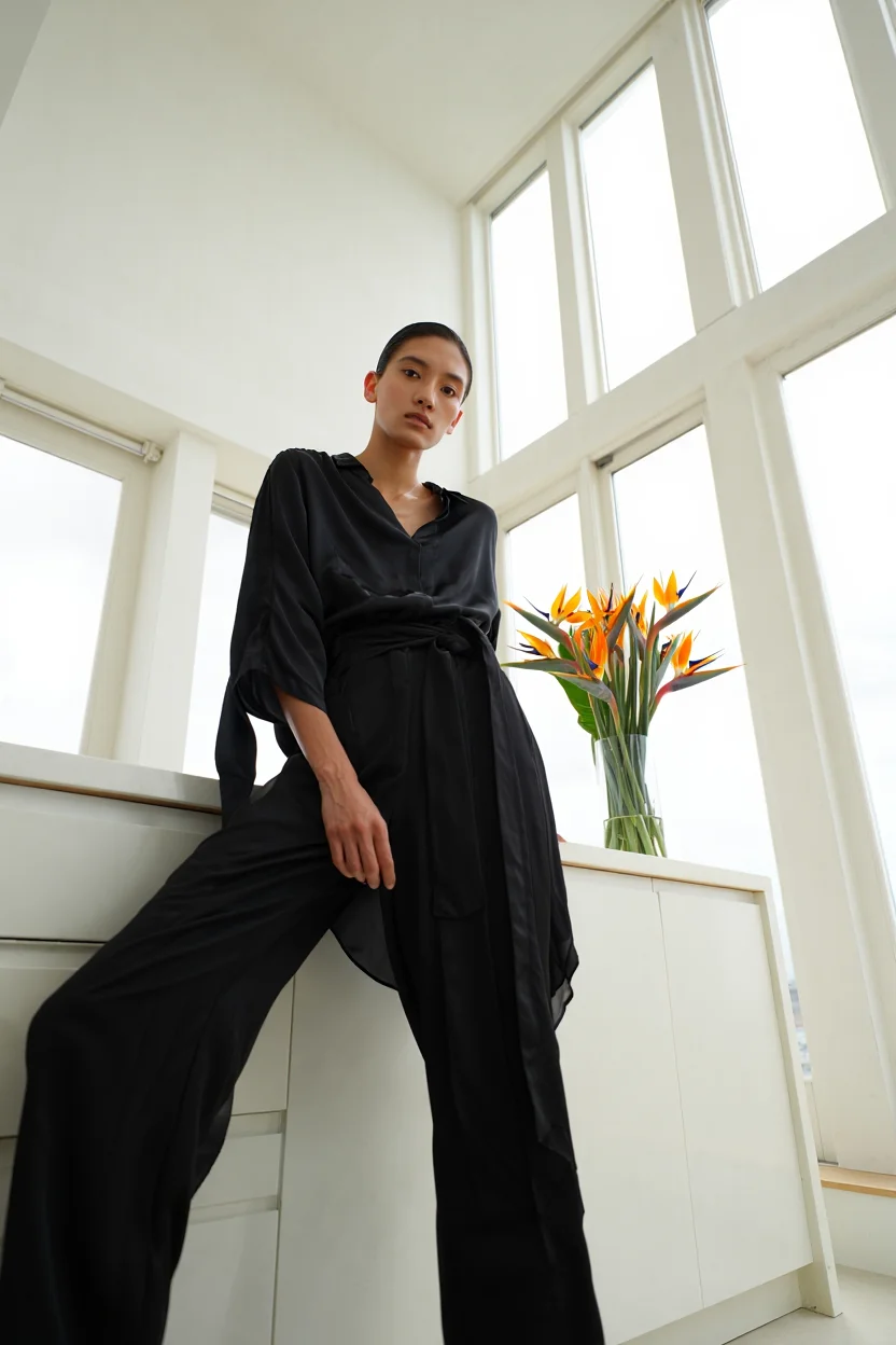 A fashion model wearing a flowing black jumpsuit strikes a pose in a sun-drenched minimalist apartment. The image is captured from a low angle, highlighting the architecture of the space, with white walls, high ceilings, and large windows that flood the room with natural light.  The model leans against a sleek white counter, a vase of vibrant bird-of-paradise flowers adding a splash of color. The overall aesthetic is minimalist and modern.