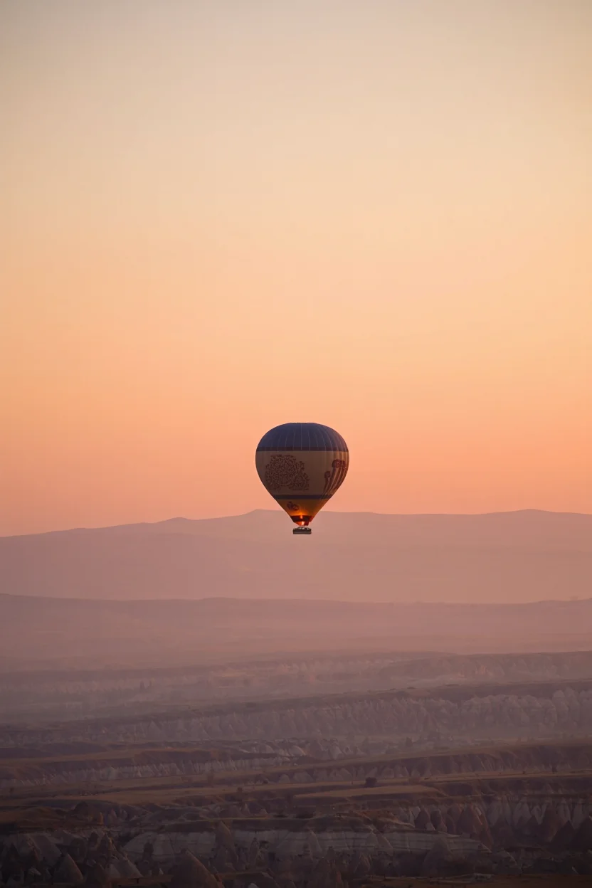 A lone hot air balloon, painted with intricate henna designs, drifts silently over the surreal landscape of Cappadocia at dawn. The balloon glows in the warm, peach and orange hues of the rising sun, casting a long, ethereal shadow over the valleys and rock formations below. The composition is centered, emphasizing the tranquility and vastness of the scene. The soft morning light creates a dreamlike atmosphere, blurring the lines between the earth and the sky.