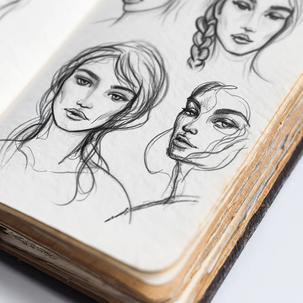 A page from a well-worn sketchbook lies open, revealing a series of charcoal sketches depicting a woman's face in profile. Each iteration experiments with different hairstyles – flowing locks, a sleek bob, elaborate braids – capturing a range of emotions through subtle variations in eyebrow arch and lip curvature. The paper's texture and the charcoal's smudges are visible in sharp detail, showcasing the artist's creative process. Close-up macro photography emphasizes the contrast between the dark charcoal strokes and the paper's warm white tone.