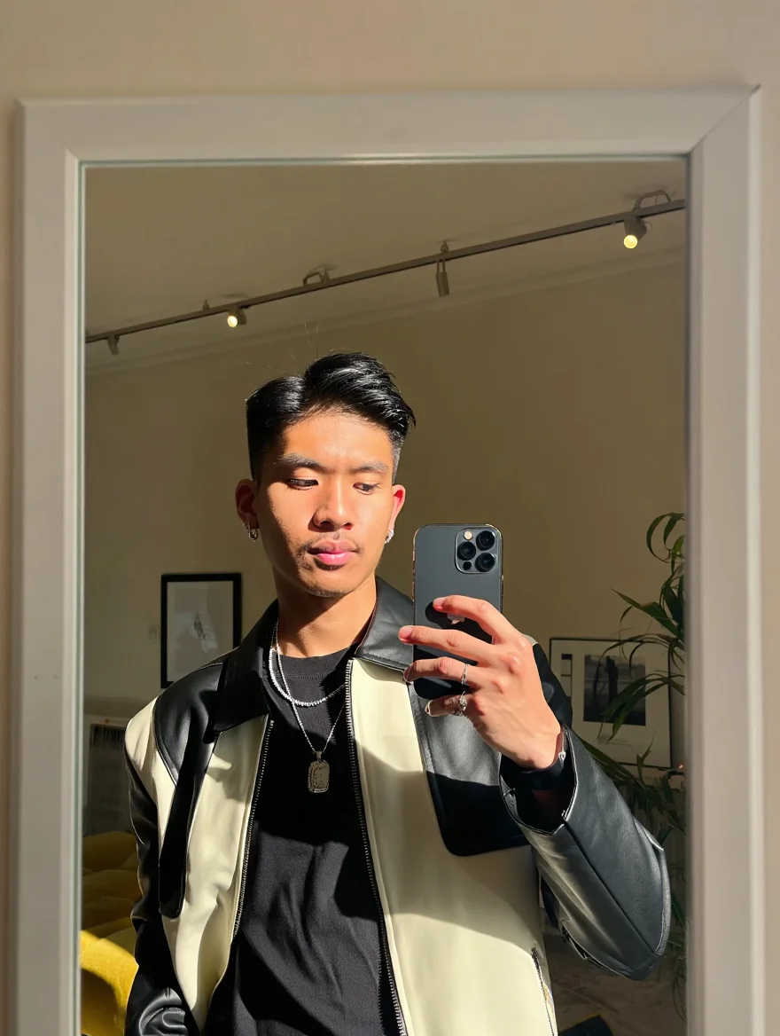 A mirror selfie photograph of a young Asian man in his 20s captured in a modern interior setting with beige walls and track lighting. The subject stands centered in the frame, wearing a distinctive black and cream color-blocked leather jacket over a black shirt, accessorized with silver jewelry. The background features framed artwork. A houseplant adds organic elements to the contemporary space. The image is captured using an iPhone with multiple camera lenses, with hard rays of natural sunlight creating even illumination across the scene.