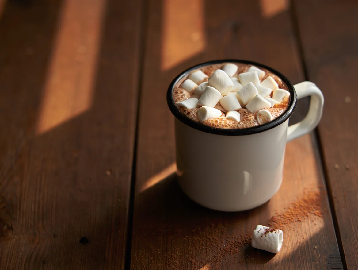 A steaming mug of hot chocolate, topped with a mountain of mini marshmallows, sits on a dark, knotty wooden table. Golden morning light casts long shadows across the scene.  A single marshmallow rests on the table beside the mug, dusted with cocoa powder.  Close-up, shallow depth of field.