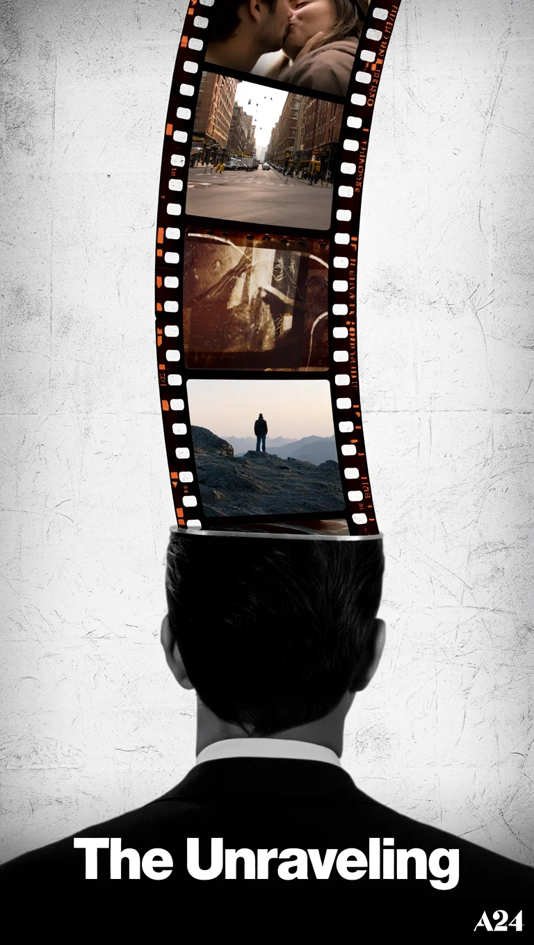 A haunting movie poster design showcasing a shadowy figure, back turned, with the back of their head opening like a film reel, unspooling upwards. Each frame of the filmstrip shows a different scene from a life: a first kiss, a bustling city street, a solitary figure on a mountaintop, a decaying photograph. The film title "The Unraveling" appears in stark white font against a background of faded film grain. The A24 logo is subtly placed in the bottom right corner. Gritty, film noir style with a muted color palette and heavy shadows.