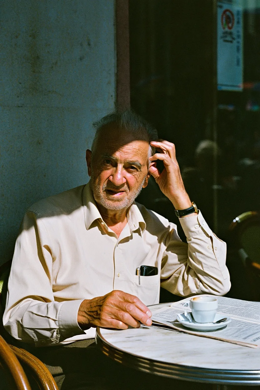 A portrait of an elderly Italian man sitting at a cafe table, sunlight dappling his weathered face as he reads Il Gazzettino. He holds a demitasse in one hand, his other hand absently stroking his grey hair. The grainy film texture adds authenticity to the scene, capturing the vintage aesthetic of 1960s Italy. Vintage 35mm film photography with natural grain and soft contrast in natural lighting.
