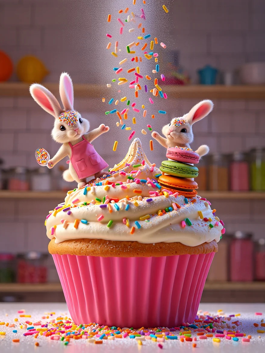 A whimsical 3D rendered scene featuring two playful cartoon rabbit bakers in pink aprons tossing rainbow sprinkles in the air. The scene centers on a giant pink cupcake frosted with fluffy white frosting, overflowing with sprinkles. One rabbit balances on a tower of colorful macarons while the other playfully peeks from behind, both dusted with shimmering edible glitter and surrounded by hundreds of colorful floating sprinkles. The image has dramatic side lighting with a warm, pastel color palette against a soft-focus bakery background. Kitchen shelves filled with colorful baking ingredients line the background, and a cloud of powdered sugar creates a magical, dreamlike effect.