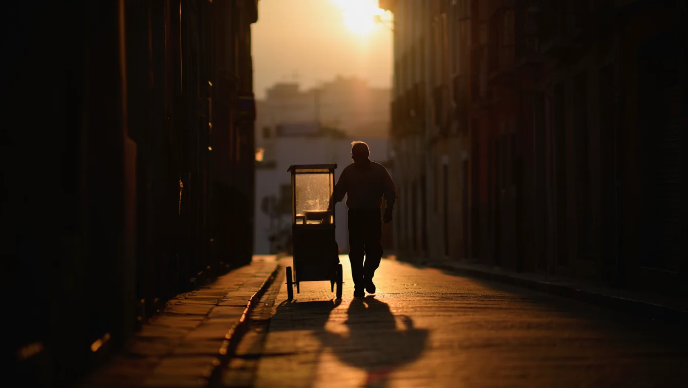 A silhouette of a lone street vendor pushing a food cart up a narrow cobblestone street, illuminated by the warm, low glow of a single street lamp. The scene is framed by the imposing, silhouetted buildings of a European city at twilight, with long shadows stretching across the wet pavement, creating a cinematic chiaroscuro effect with a shallow depth of field.