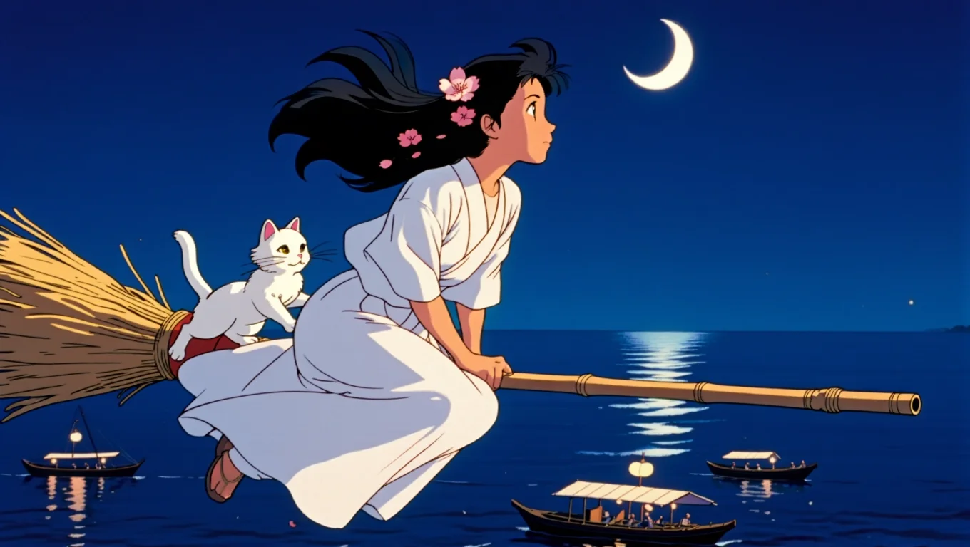 A young woman with flowing black hair adorned with cherry blossom pins soars over a moonlit harbor on a traditional Japanese bamboo broomstick. Her long, flowing white dress billows in the wind, and her mischievous white cat companion clings to her shoulder. The crescent moon hangs high above, casting a silvery glow on the rippling waters and the traditional wooden boats below, their paper lanterns swaying gently in the breeze. Rendered in the style of a Studio Ghibli film, emphasizing soft lighting and magical realism.