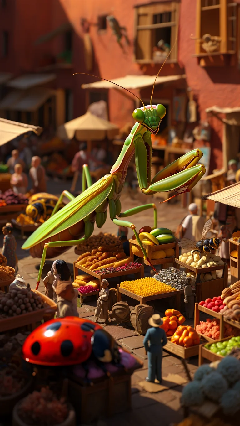 A bustling marketplace sprawls beneath the shadow of colossal insects, their iridescent exoskeletons gleaming in the sunlight. A praying mantis, taller than a Ferris wheel, delicately picks up miniature food stalls with its forelegs, examining the wares. Honeybees the size of cars buzz between stalls laden with tiny fruits and vegetables. A gigantic ladybug, its spots like giant red and black balloons, shelters shoppers under its shell. Tiny humans go about their day, dwarfed by the insects but unfazed by their presence. Stalls overflow with colorful textiles, glistening jewels, and exotic spices, all rendered in miniature. A warm, low sun casts long shadows from the towering insects, highlighting the textures of their exoskeletons and the bustle of the marketplace below.
