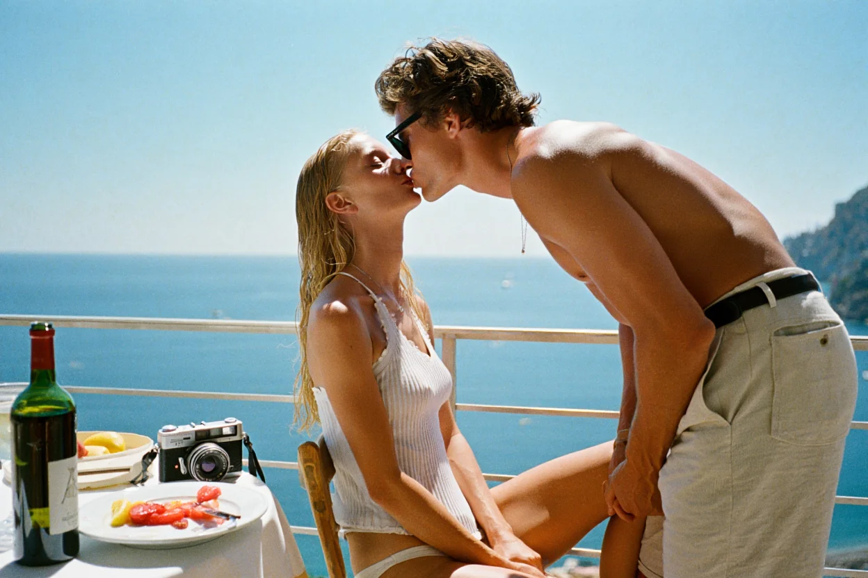 A vintage, sun-drenched Super 8 film still, showing a man in linen pants and sunglasses leaning over to kiss a woman seated at a table on a balcony overlooking the Mediterranean Sea. The vibrant colors and faded film stock give the image a dreamy, nostalgic feel. A half-eaten plate of fruit and a bottle of wine rest on the table beside a vintage camera.
