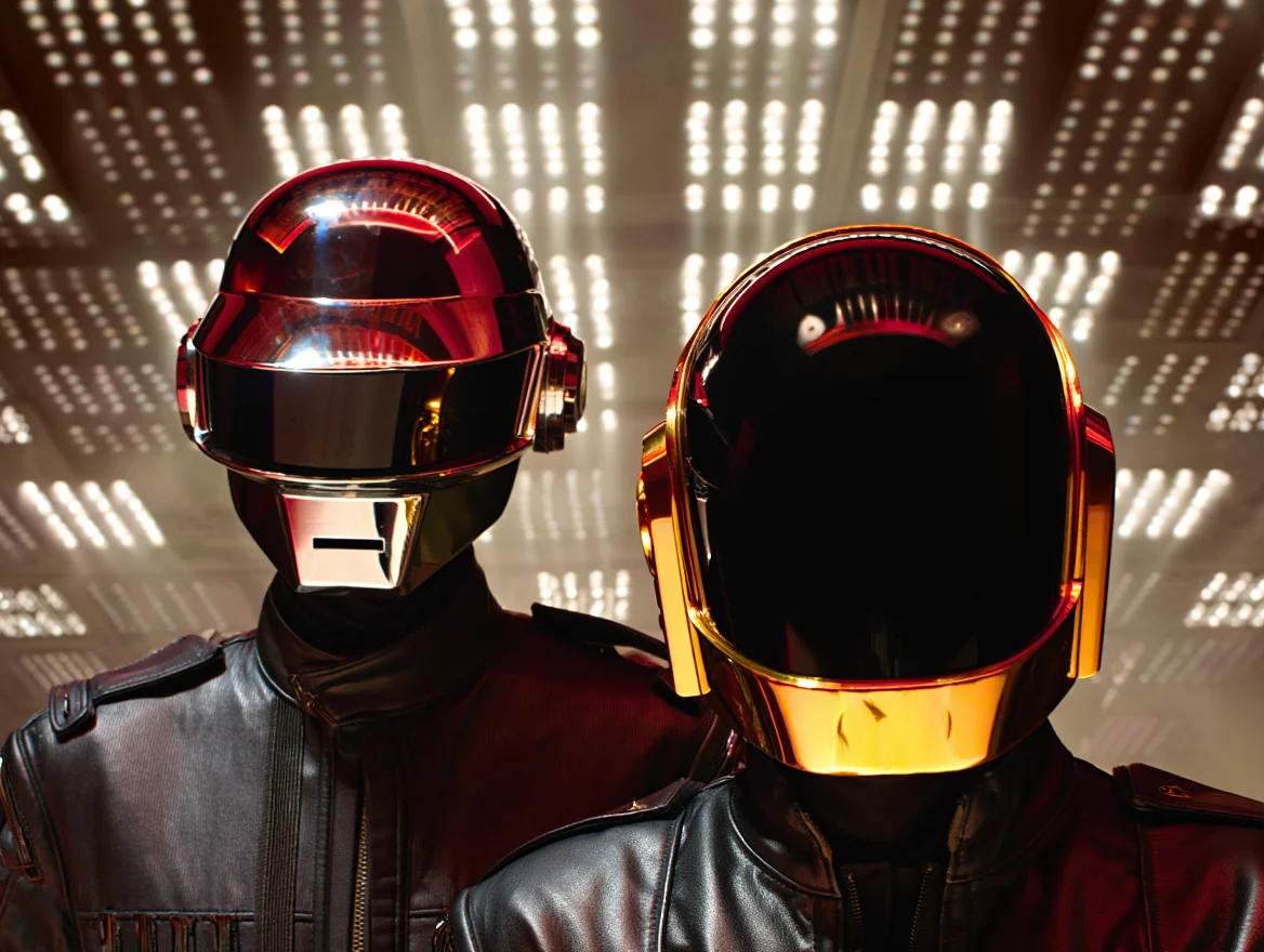 Daft Punk, the electronic music duo, captured in a cinematic close-up against a backdrop of their signature pyramid stage lights. They wear their iconic helmets, one red-tinted with a silver visor and the other in black and gold, their expressions hidden, adding to their mystique. They are dressed in futuristic silver jumpsuits, reflecting the stage lights, creating an air of anticipation.