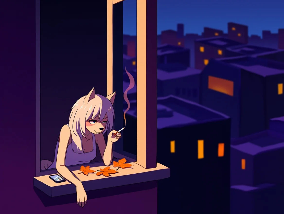 A digital cartoon illustration in moody anime style from a high angle perspective shows a nighttime scene framed around an illuminated window. Through the window, an anthropomorphized anime female dog holding a lit cigarette with light fur and light-colored hair leans forward on the window sill in a contemplative pose, with one arm extended across the sill. Several bright orange autumn leaves are scattered on the sill surface next to a small electronic device. Beyond the window, a geometric cityscape stretches into the distance, rendered in deep purple and blue tones with occasional illuminated windows visible. Artificial lighting from inside the room front-lights the character while the exterior remains in nighttime darkness. The composition is weighted toward the left side, featuring clean, defined black linework and flat coloring. Digital illustration with limited color palette emphasizing cool purples and blues against warm orange accents.