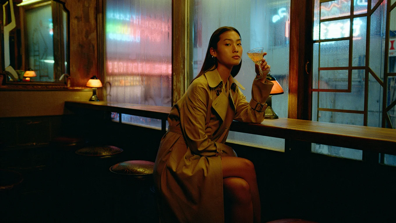 A lone woman in a trench coat sits at a vintage bar inside a Japanese jazz club, illuminated by streaks of neon from the rainy street. She holds a cocktail, its reflection shimmering in the art deco mirrors lining the walls. The low-key lighting is a blend of neon signs reflecting off the wet street outside, dim table lamps, and the soft glow of the bar, captured with a grainy film aesthetic.  The scene is rich with texture, from the worn leather of the bar stools to the smoke swirling in the air.