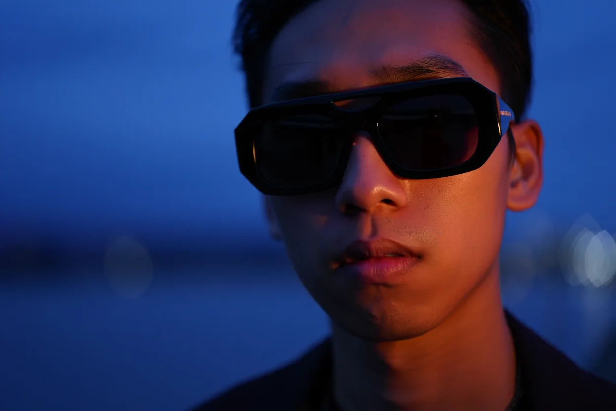A close-up portrait of a Gen Z influencer in their early 20s, sporting black Gentle Monster sunglasses with bold rectangular frames. They are bathed in the warm, golden light of the setting sun, creating a dramatic contrast against a deep blue twilight sky. The subject's face is turned directly at the camera, their expression stoic and enigmatic behind the sunglasses, the primary focus of the composition.  Shot with a shallow depth of field, the background gently blurs, emphasizing the subject and their stylish eyewear.