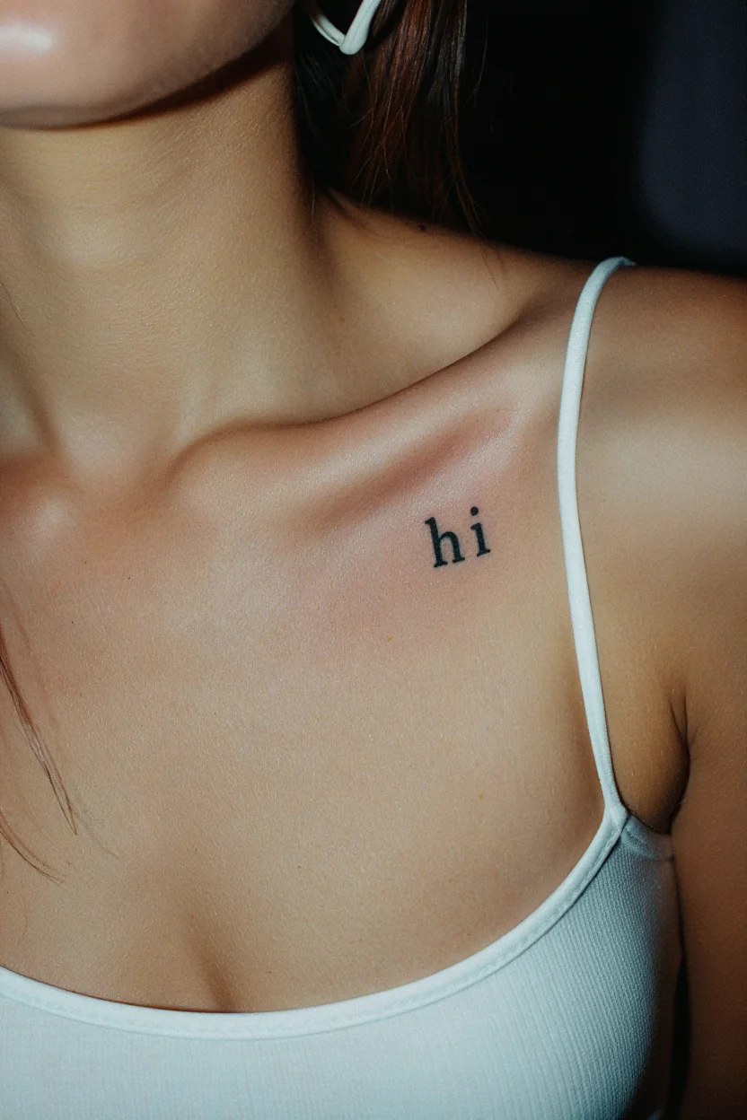 A 1990s-erafaded photograph showing a close-up view of a woman's collarbone area. The woman wears a white tank top with thin straps. A black tattoo in lowercase Times New Roman font reading "hi  is visible on her collarbone. The photograph has a grainy, low resolution quality typical of 1990s consumer cameras, with slightly washed-out colors and reduced contrast. Low resolution film photography with faded colors and soft focus characteristic of 1990s consumer cameras.