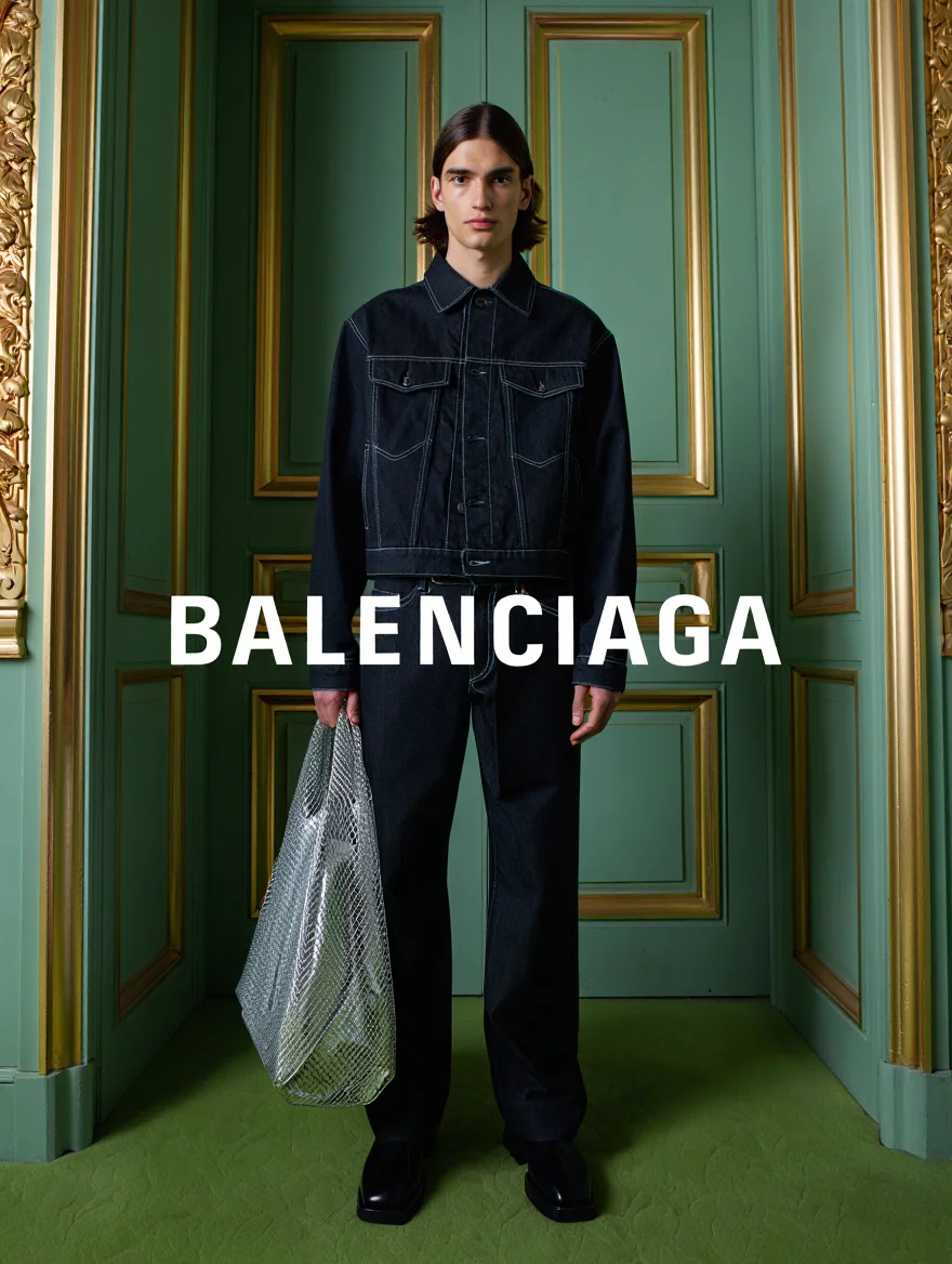 A high-fashion Balenciaga advertisement photographed in an opulent interior setting with green walls, gold trim, and ornate moldings. The image features a male model wearing an oversized black denim jacket and wide-leg pants, standing centered in a doorway. A metallic silver mesh shopping bag is prominently displayed. The "BALENCIAGA" logo appears in white sans-serif capital letters. The composition employs professional studio lighting with a cool color palette, creating a luxury fashion editorial aesthetic.