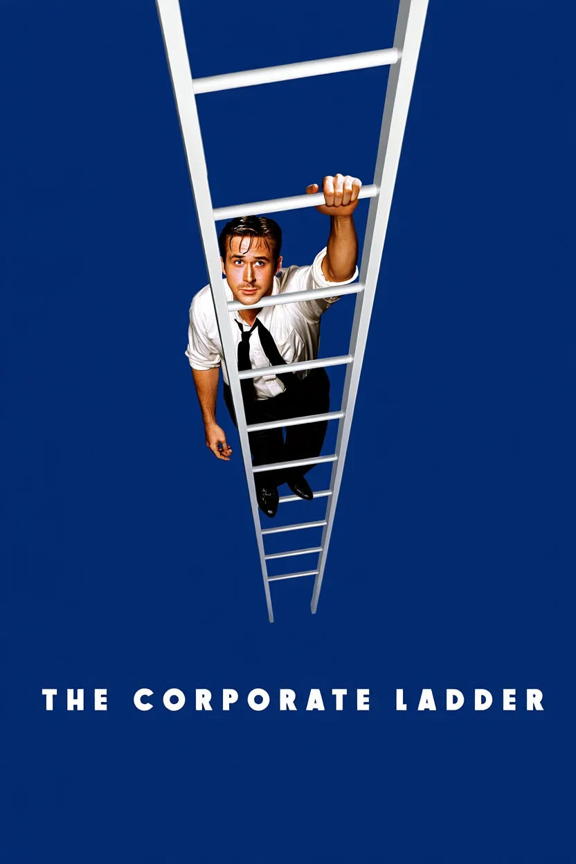 A movie poster featuring Ryan Gosling from a 1950s drama, reaching desperately for the top rung of a white metal ladder against a solid dark blue background. His hand clutches at empty space where the ladder ends abruptly. Gosling wears a loosened white dress shirt and black necktie, sweat staining his brow, photographed from a low angle perspective. The text "THE CORPORATE LADDER" appears in white sans-serif typography at the bottom of the poster. Minimalist movie poster photography with dramatic low-angle composition and solid color background.