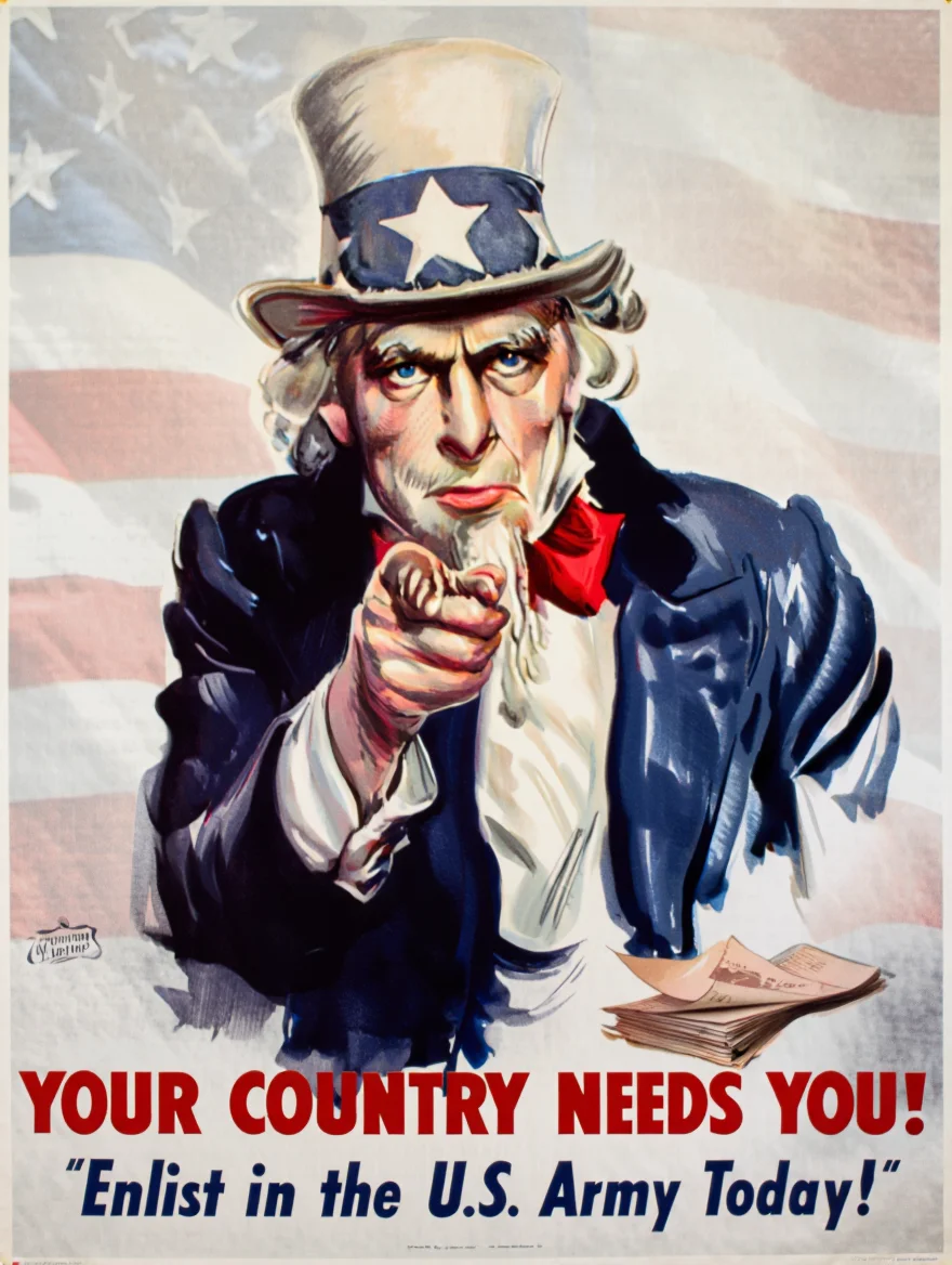 A determined Uncle Sam, dressed in his iconic blue jacket and top hat, leans forward, firmly clenching his fist on a stack of enlistment papers. His piercing blue eyes stare directly at the viewer, conveying the urgency of the situation.  The poster reads "YOUR COUNTRY NEEDS YOU!" in bold red letters, followed by "Enlist in the U.S. Army Today!" in smaller font. The background features a faded American flag, adding a sense of patriotism.