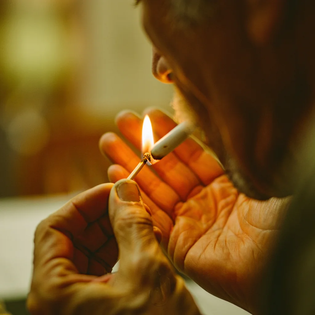 A vintage 35mm photograph, rich with warm tones and shallow depth of field, captures a young person gently helping an elderly person light a cigarette. The close-up shot emphasizes the contrast between the youthful hand holding the match and the aged, wrinkled hand cupping the cigarette, both bathed in the match's warm glow.