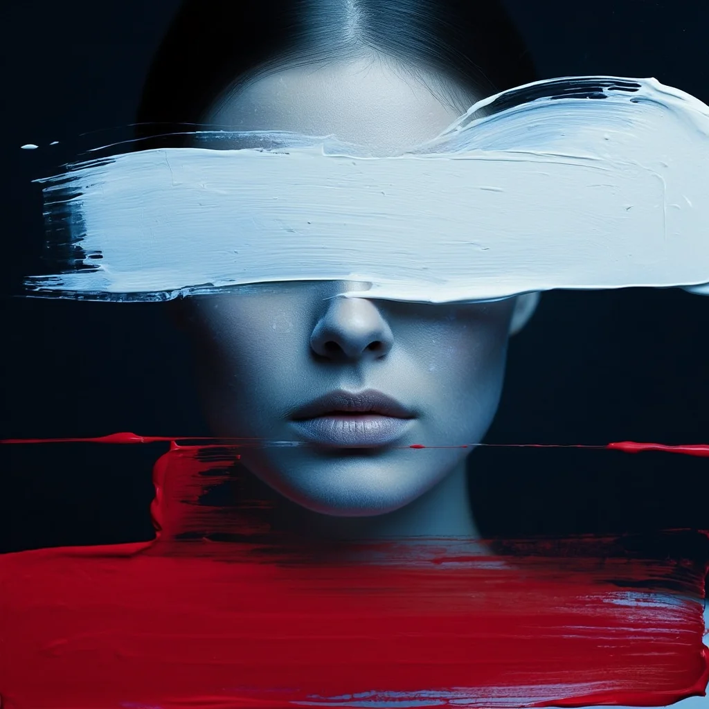 A haunting conceptual art piece featuring an extreme close-up portrait of a face partially visible in the frame, rendered in ethereal blue-tinted monochrome. The composition is centered with the subject's face emerging from complete darkness, showing only the nose and lips. Bold white brushstrokes occupy the top portion of the frame, while vibrant red abstract elements appear at the bottom, creating a striking triptych of color zones. The portrait is captured with artificial front lighting, shallow depth of field, and a medium lens, producing a ghostly, atmospheric effect enhanced by intentional grain and texture.
