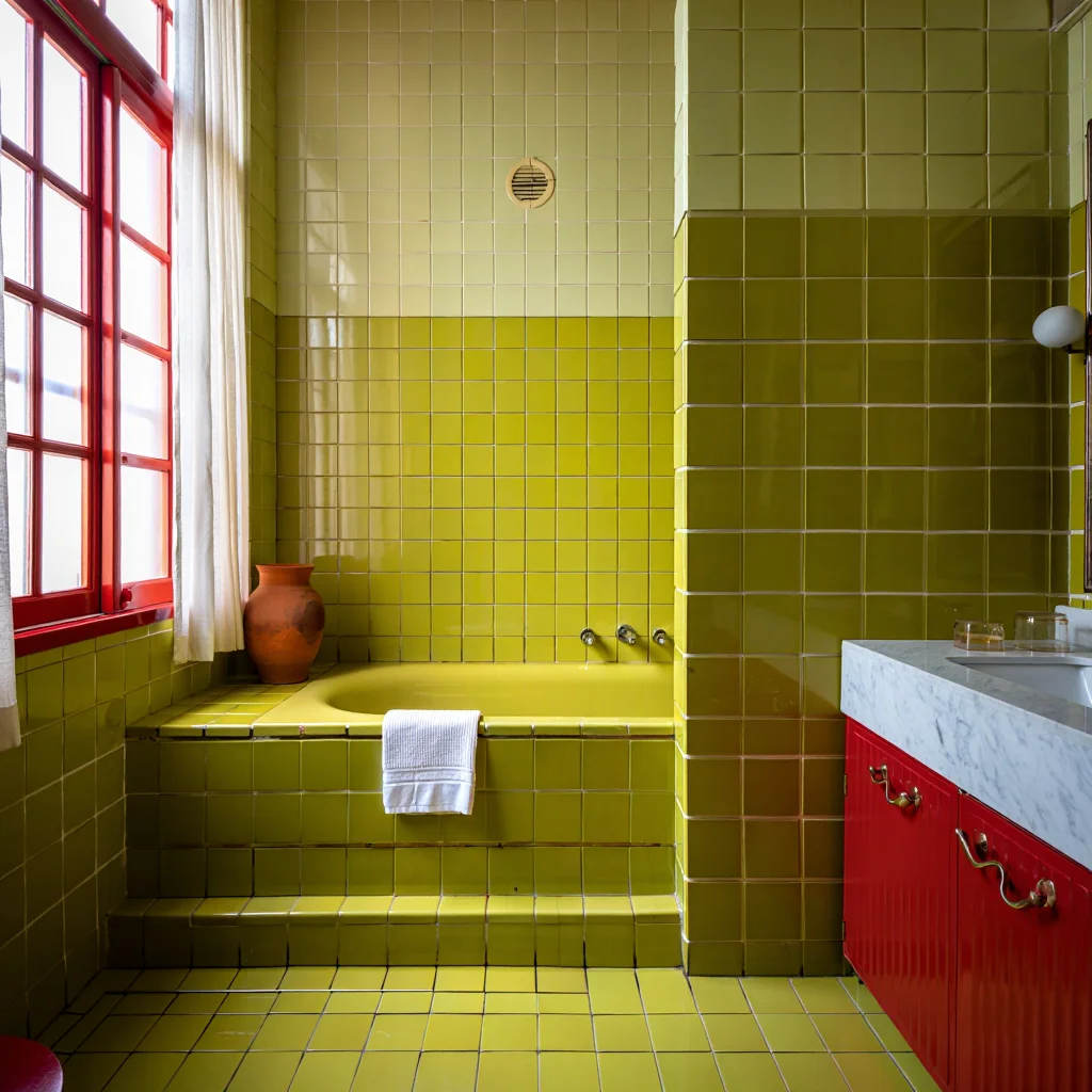 This interior photograph captures a vintage bathroom with distinctive yellow-green square tiles covering the walls, floor, and bathtub surround. The tiles create a cohesive, immersive environment with a warm color palette that transitions from more yellow tones at the top to greener shades at the bottom. A red-framed window with multiple panes dominates the left side of the composition, allowing natural daylight to stream in through a white sheer curtain that hangs beside it. The bathroom features a built-in bathtub with a small white towel hanging over its edge, a white marble vanity with a red base cabinet featuring a wavy handle design, and a terracotta vase positioned on a tiled ledge. A circular light fixture or vent is mounted on the upper portion of the tiled wall. The medium wide shot with side lighting creates a nostalgic atmosphere, highlighting the geometric patterns of the tile work while showcasing the contrast between vintage elements and clean, minimalist features.