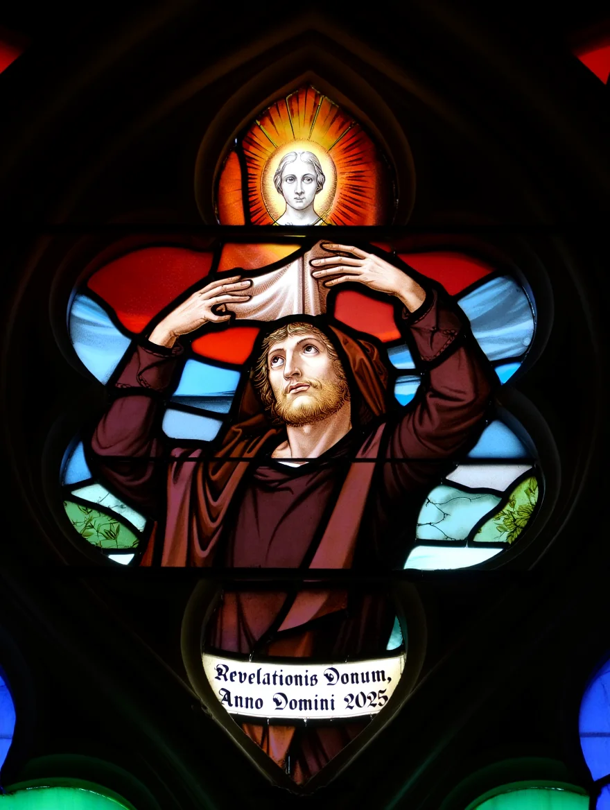 A stained glass window in the Gothic style depicts a man in a dark brown hooded robe, pulling a luminous image from his forehead. His face reflects the divine light of the image, and a banner below proclaims "Revelationis Donum, Anno Domini 2025". The window is framed by intricate stonework and filled with vibrant colors of ruby, sapphire, and emerald green.