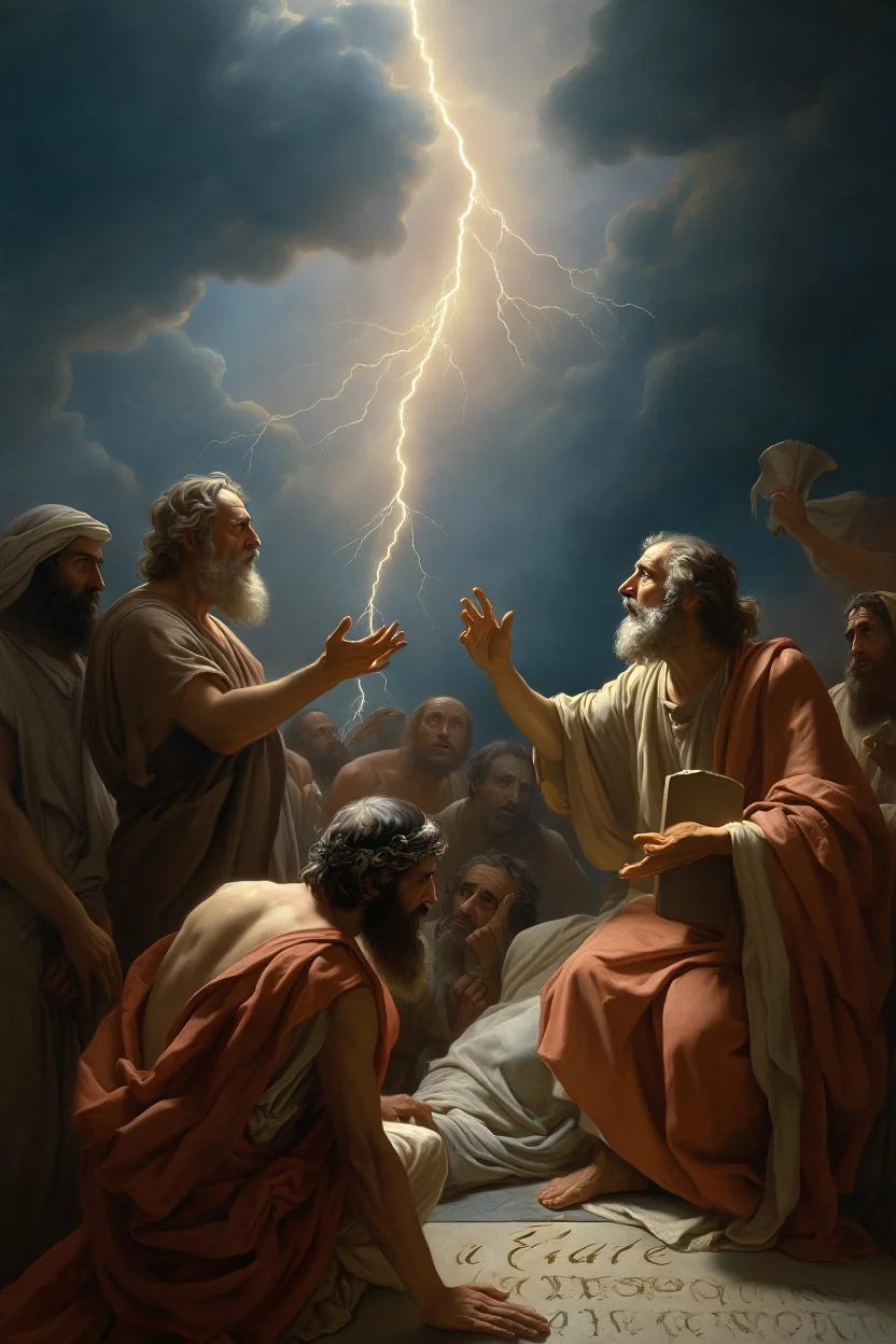 A gathering of Greek philosophers huddled beneath a tempestuous sky, illuminated by a bolt of lightning that splits the canvas diagonally. Their expressions are a mixture of awe and fear as they gesture towards the heavens, cloaked in swirling togas that blend with the storm clouds. The faint inscription "Fate" appears etched onto a weathered stone tablet at their feet, partially obscured by billowing fabric. Dramatic chiaroscuro oil painting, with strong diagonals and atmospheric lighting.