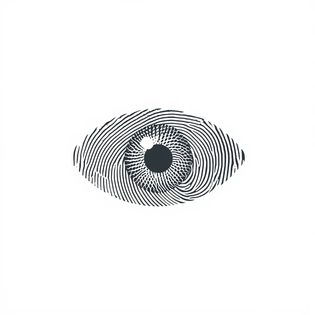 A dark grey fingerprint pattern forms the shape of a human eye against a clean white background. The iris and pupil are crafted from detailed fingerprint ridges and whorls, maintaining the authentic texture and patterns of actual fingerprints. The fingerprint lines are crisp and clearly defined, showing the intricate details of the print patterns. Minimalist logo design with high contrast monochromatic elements and sharp detail resolution.