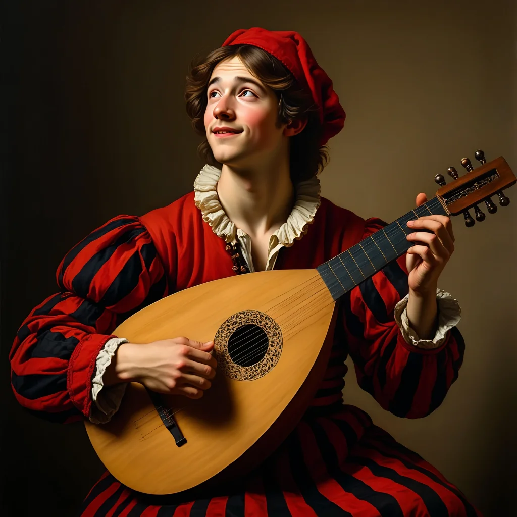 A Baroque oil painting depicting a young male court jester in a medium close-up shot, centered in the composition. The subject wears a red and black striped costume with ruffled details and a red cap, while playing a wooden lute with an ornate rose sound hole. The jester's face shows a playful smile as he looks upward, captured against a plain brown background with dramatic side lighting creating strong contrast. The painting exemplifies classical Baroque style with its rich warm colors, dramatic lighting, and realistic detail.
