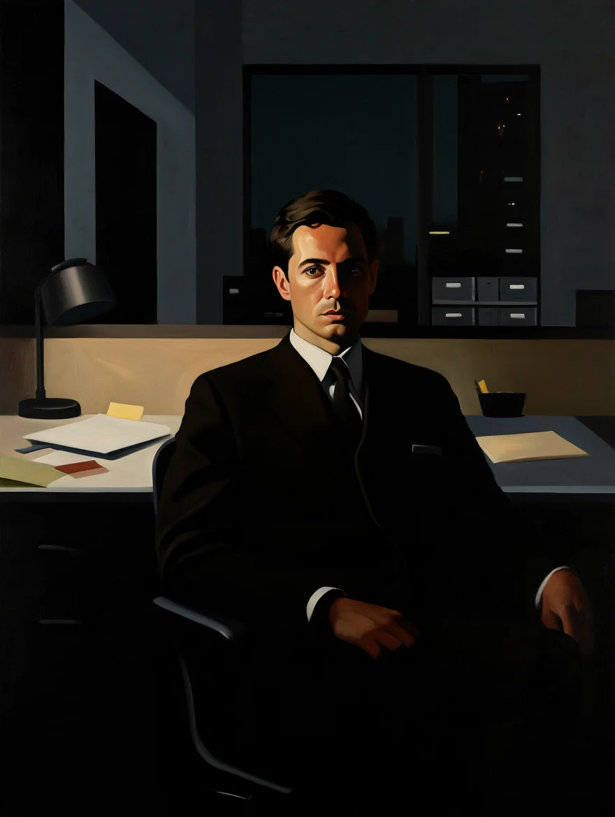 A single male figure in a black business suit sits at a wooden desk in a dimly lit modern office space. The man's face and upper body emerge from deep shadows, illuminated by a single desk lamp casting dramatic light from the left side. The office background features a dark grey wall, filing cabinets, and a window showing nighttime darkness. Papers and office supplies are scattered across the desk surface, their edges catching highlights from the lamplight. Oil painting technique with dramatic chiaroscuro lighting and strong contrast between light and dark areas.