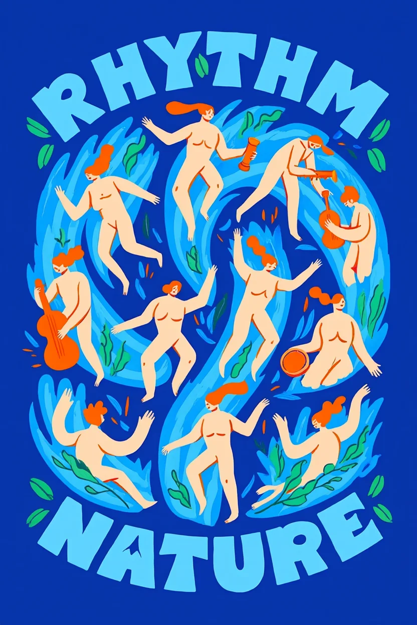 A vibrant graphic illustration titled "Rhythm & Nature" . The artwork features the word "RHYTHM" at the top and "NATURE" at the bottom in bold, stylized light blue letters with green accents. The central design showcases twelve simplified, elongated beige human figures arranged in a circular pattern against a royal blue background. These stylized figures appear to be dancing or swimming within flowing light blue water-like shapes that create a circular, swirling motion throughout the composition. Some figures hold orange objects resembling musical instruments, while green plant-like accents are distributed around the edges of the water pattern. The illustration employs a limited color palette dominated by various shades of blue with accents of green, beige, and orange, creating a harmonious, rhythmic visual celebration of movement and nature. The flat, cartoon aesthetic with clean outlines evokes a 1970s psychedelic poster art style.