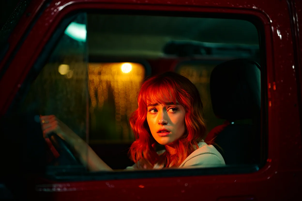 A dramatic overhead shot through a rain-streaked car window at night, capturing a young woman with fiery red hair gripping the steering wheel. Street lights cast colorful bokeh through the wet window, illuminating her worried expression with a warm glow.  The composition is centered, using a wide lens with shallow depth of field to emphasize the tension of the moment. Vintage Agfa Vista film