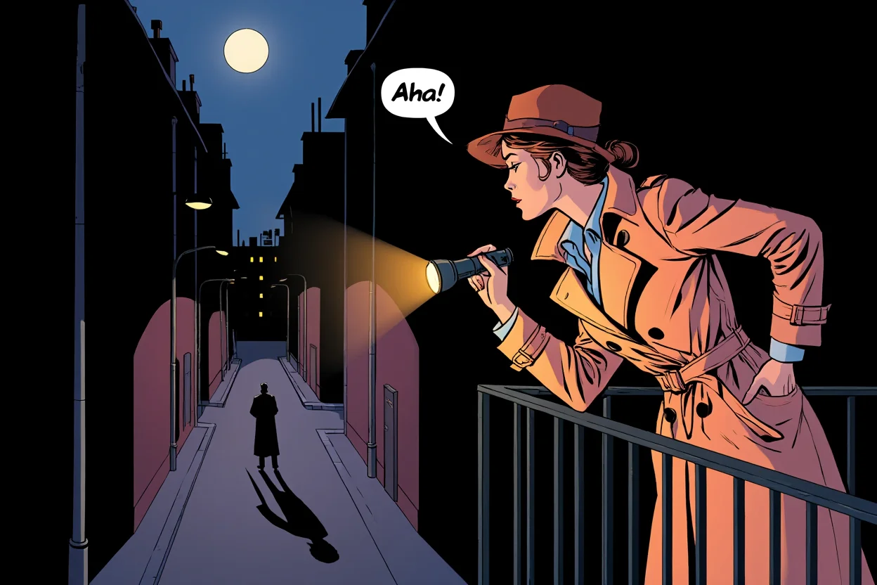 A comic book storyboard panel featuring a woman in a detective's trench coat at night, leaning on a rooftop railing, her body angled downward as she points her flashlight at a shadowy figure in the alley below. A speech bubble next to her head with "Aha!" in bold text. The scene is dramatically lit by the streetlights below and the moon overhead. Comic book illustration with bold outlines, flat colors, and film noir shadows and lighting.
