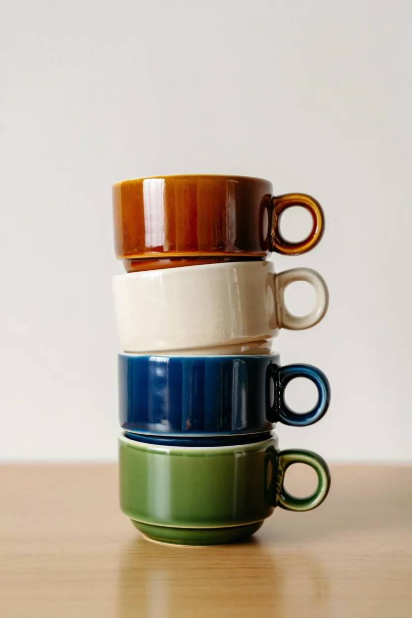 A minimalist product photograph featuring a perfectly balanced stack of four ceramic coffee cups centered against a clean off-white background. The cups are arranged vertically with a brown cup on top, followed by a cream-colored cup, a navy blue cup, and an olive green cup at the bottom providing stability with its small base. Each cup shares the same wide cylindrical design with a circular handle positioned on the right side and features a glossy glazed finish that reflects the even, front-directed artificial lighting. The composition employs a medium shot with shallow depth of field, keeping the cups in sharp focus while subtly blurring the background. The earthy color palette creates a harmonious visual arrangement while showcasing the distinct color of each cup. The photograph's clean, uncluttered aesthetic emphasizes the simple geometric forms and color contrast of the stacked ceramic pieces. Product photography with soft lighting and shallow depth of field against a neutral background.