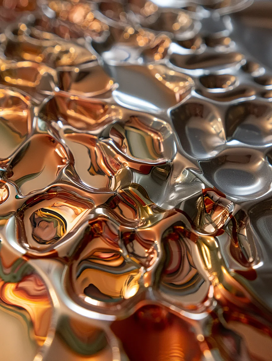 A macro photographic close-up of a metallic liquid surface displaying intricate ripple patterns with a cellular, honeycomb-like structure. The image captures the fluid dynamics of the liquid with exceptional detail and clarity. The color palette features rich warm tones of copper, bronze, and gold that transition into cooler silver and gray reflections. The surface exhibits a high-gloss, reflective quality with light playing across the ripples to create a three-dimensional effect. The composition is balanced with even, diffuse artificial lighting that highlights the metallic properties of the liquid. The shallow depth of field emphasizes the textural details of the rippling surface, creating an abstract, mesmerizing pattern that fills the entire frame. Extreme macro photography with shallow depth of field and even lighting on reflective surfaces.
