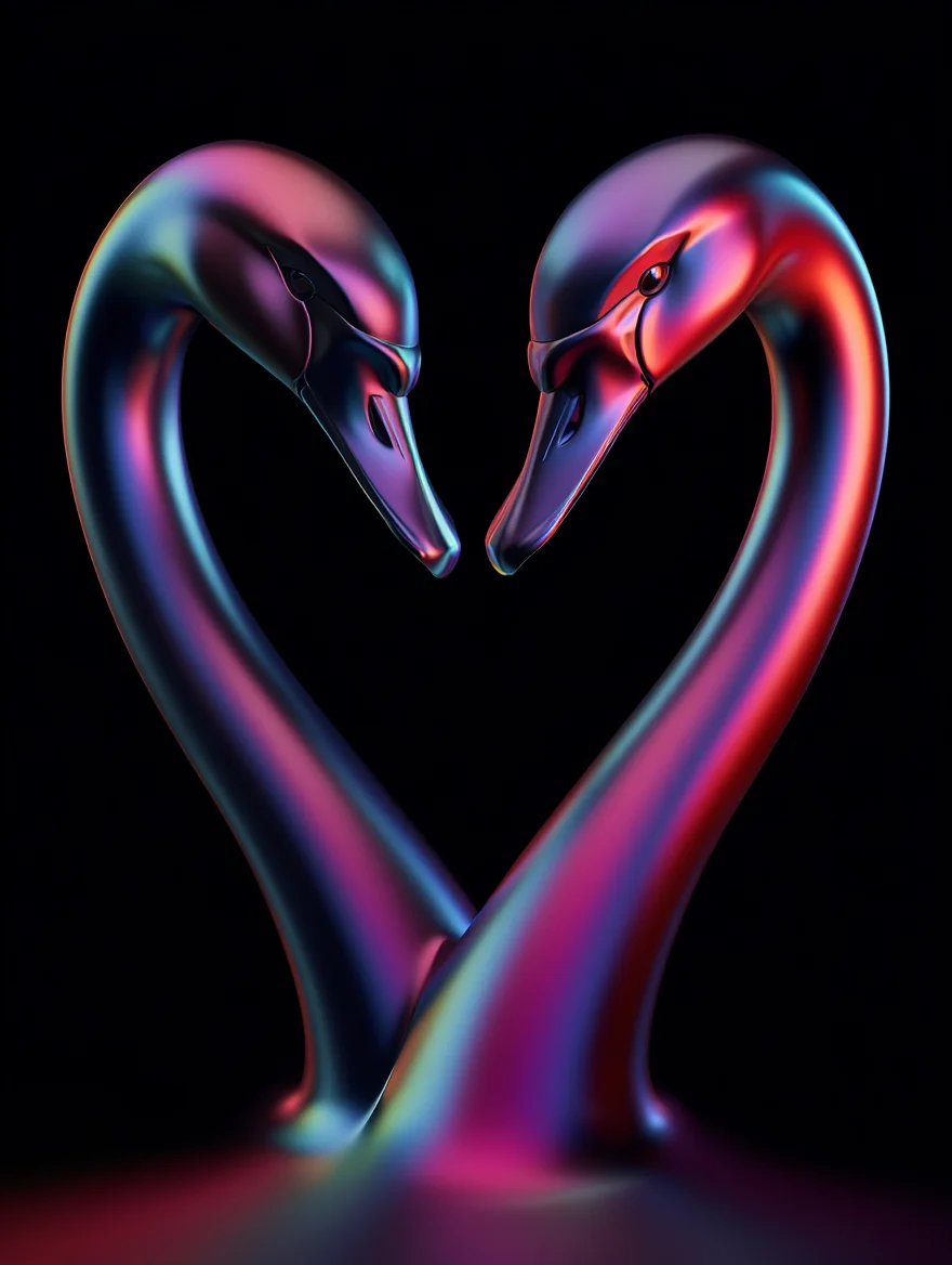 A mesmerizing 3D digital artwork depicting two graceful chrome-metallic swan heads, their long necks curving elegantly towards each other in a near-kiss. The swans are rendered with a mercury-like sheen, their smooth, seamless forms reflecting a spectrum of colors against a deep charcoal background. Dramatic, focused lighting accentuates the elegant lines and fluid shapes of the composition, showcasing the artist's mastery of light and form.