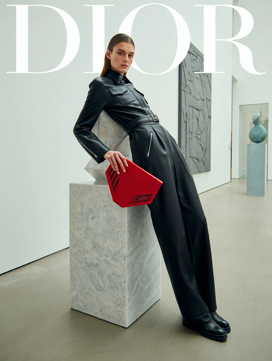 A fashion photograph showcases a model in a sleek, black leather jumpsuit, accented with silver hardware, standing confidently amidst the stark, minimalist interior of a modern art gallery. The model leans against a geometric, white marble sculpture, clutching a vibrant red clutch with a geometric design. The stark white walls provide a neutral backdrop, while the polished concrete floor adds an industrial chic element. Large, bold text reading "DIOR" stretches across the top of the image in a futuristic, sans-serif font. The gallery setting features abstract sculptures and large-scale installations, emphasizing clean lines and minimalist aesthetics. High-fashion photography with dramatic side lighting, asymmetrical composition, and shallow depth of field.
